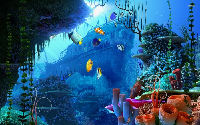 Underwater shipwreck with colorful fish and coral