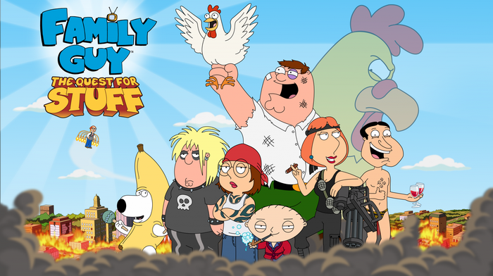 Family Guy: The Quest for Stuff characters with giant chicken