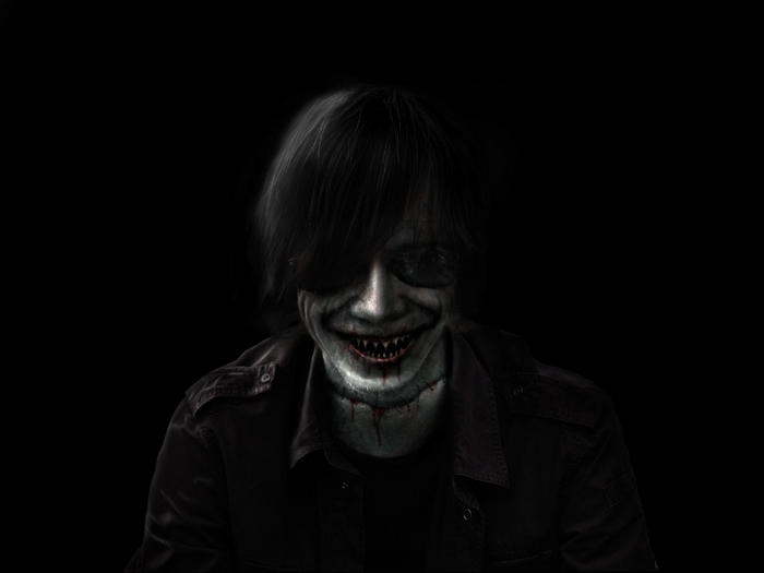 Horror character with stitched mouth and sharp teeth