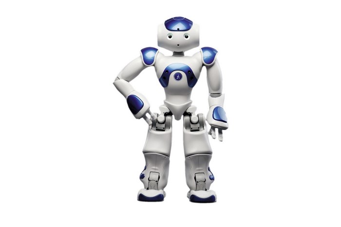 White and blue NAO robot standing