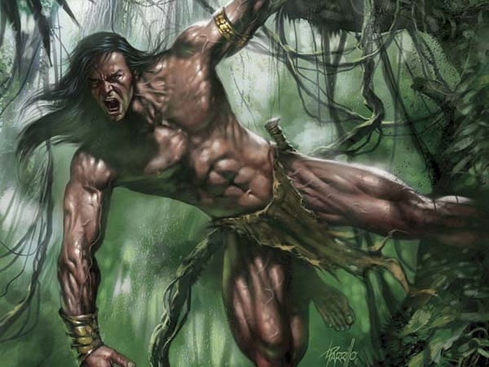 Tarzan swinging through the jungle
