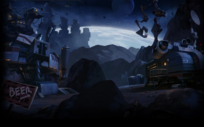 Sci-fi outpost on a rocky planet with a large planet in the sky