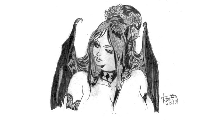 Succubus with bat wings and roses
