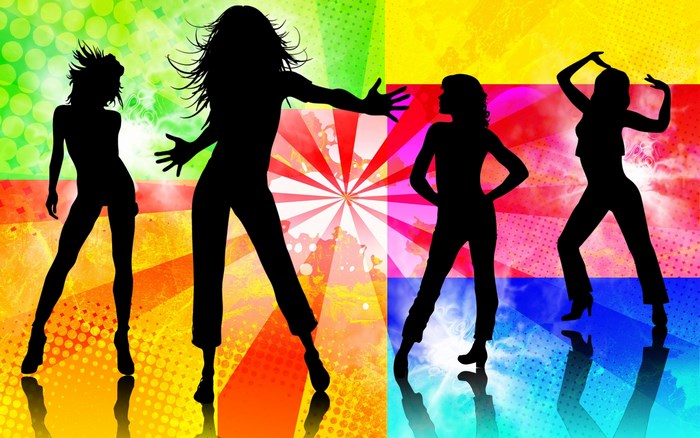 Four women dancing on a colorful background
