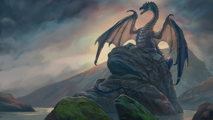 Dragon perched on rocks overlooking a misty landscape