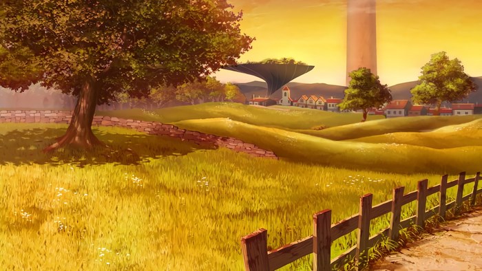 Sword Art Online landscape with village and tower
