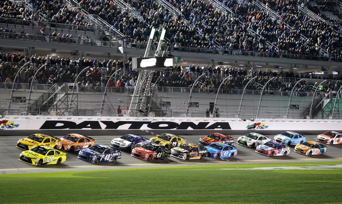 NASCAR race cars on Daytona track