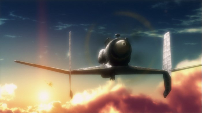 The Sky Crawlers airplane flying at sunset