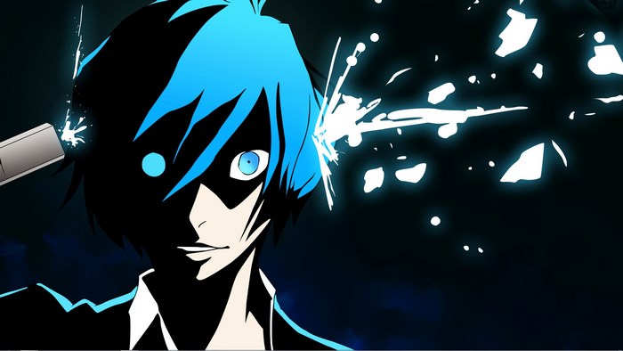 Protagonist from Persona 3 Portable with gun