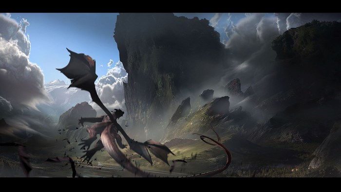 Dragon flying in a mountainous landscape
