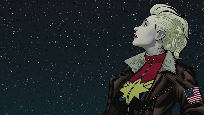 Captain Marvel looking up at the stars