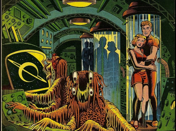 Alien creatures and humans in a spaceship