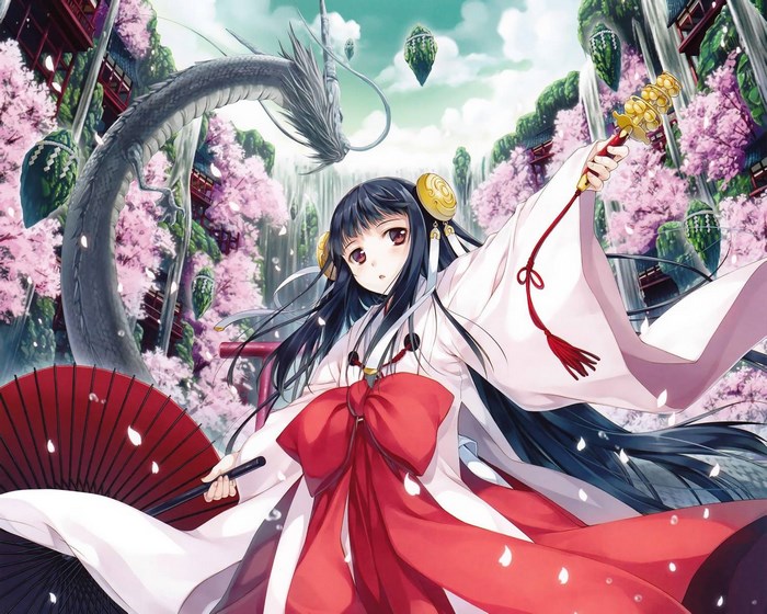 Miko with a dragon and cherry blossoms