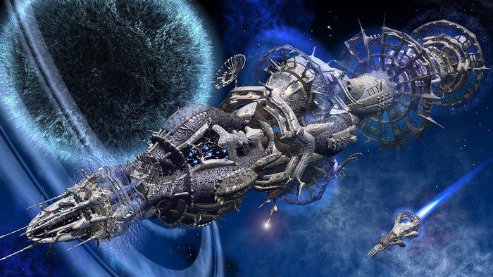Spaceship near a ringed planet
