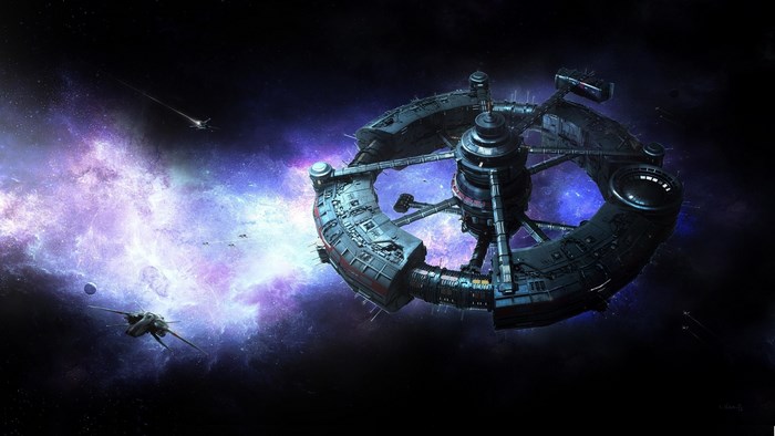 Space station and ships in a nebula