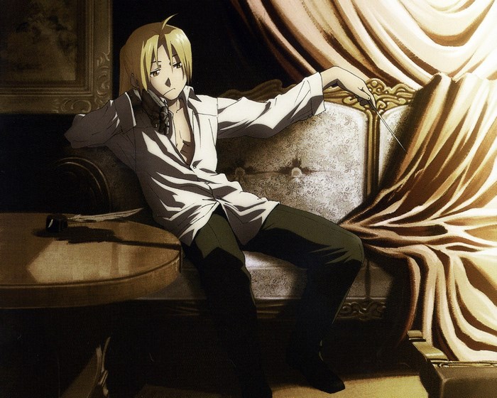 Edward Elric from Fullmetal Alchemist sitting on a couch