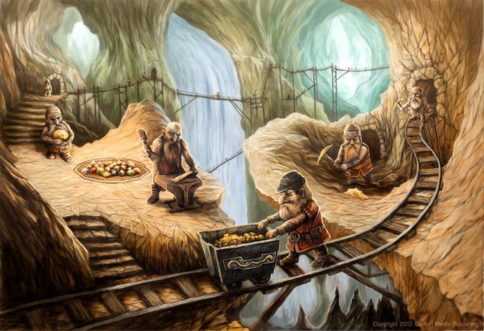 Dwarves mining in a cave with a waterfall