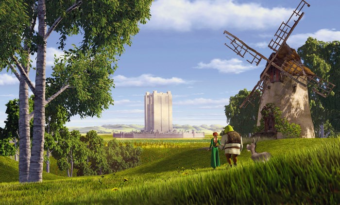 Shrek and Fiona walking near a windmill and castle