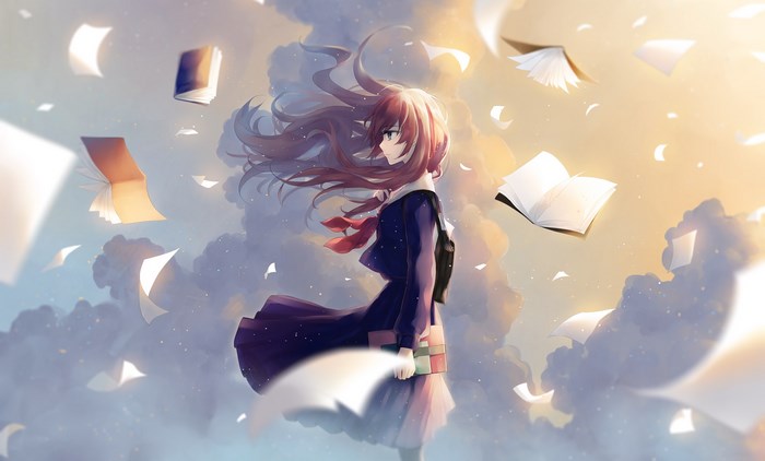 Anime girl with books flying in the sky