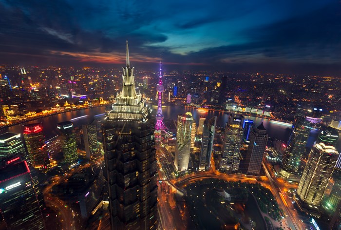 Shanghai skyline at dusk with Oriental Pearl Tower