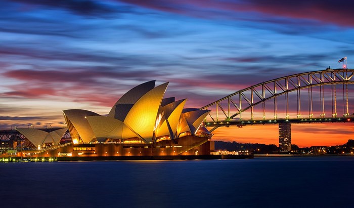 Sydney Opera House and Harbour Bridge at sunset