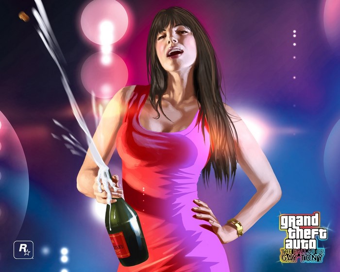 Woman popping champagne bottle in Grand Theft Auto: The Ballad of Gay Tony