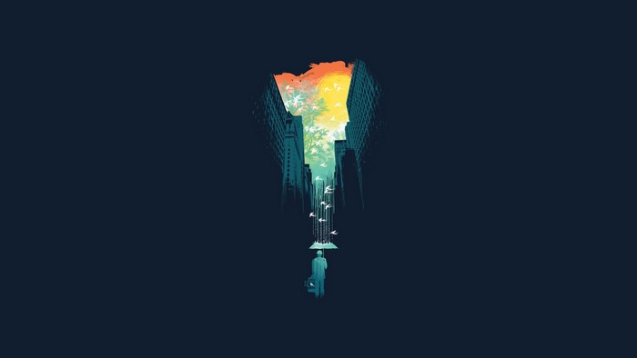Minimalist city street with birds and a man with umbrella