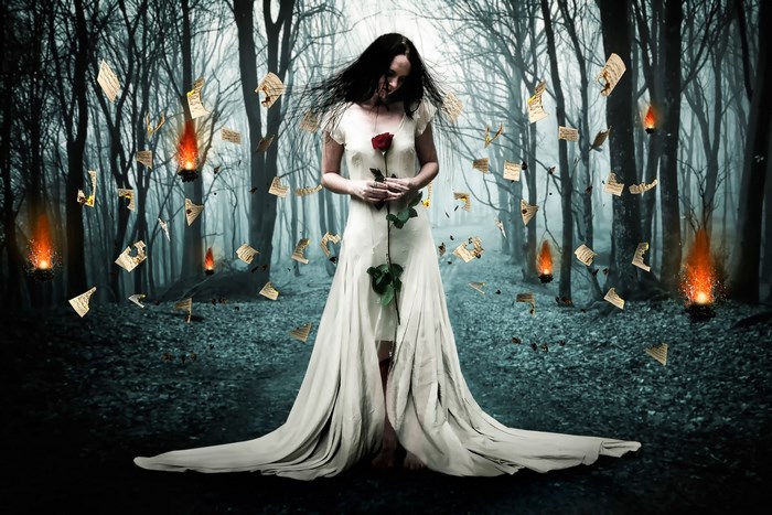 Woman in white dress holding a red rose in a dark forest