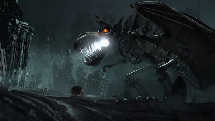 Skeleton Dragon attacking a person in ruins