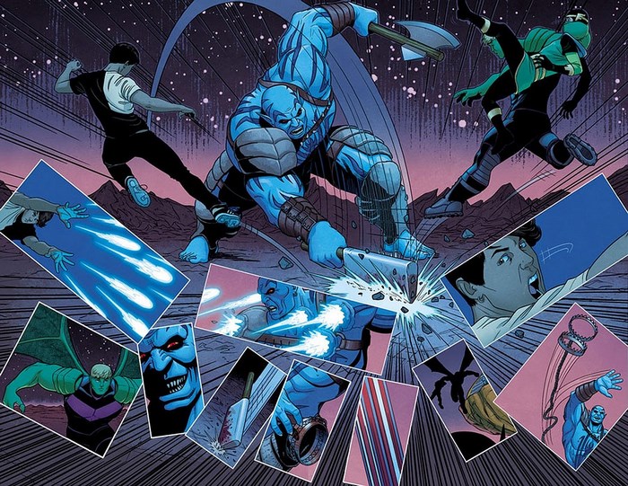 Young Avengers fight a blue giant with axes