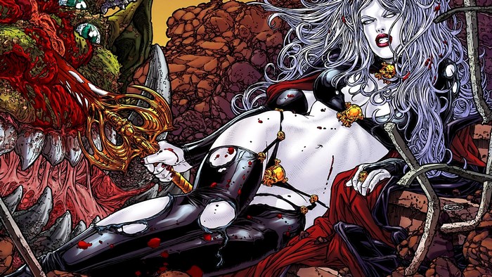 Lady Death with a bloody sword