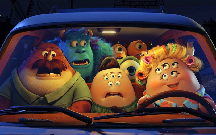 Monsters University characters in a car