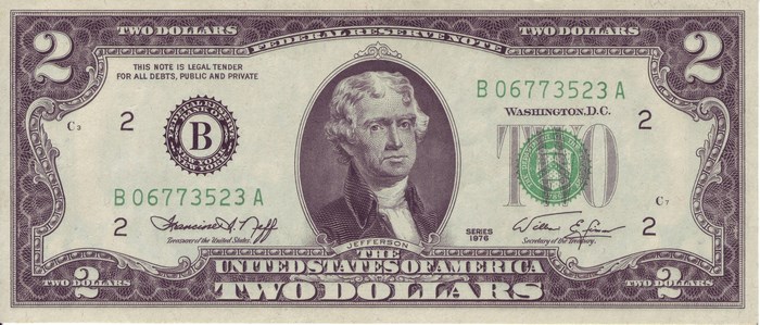 Two Dollar Bill Featuring Thomas Jefferson
