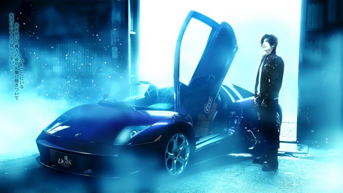 Gackt with a blue Lamborghini