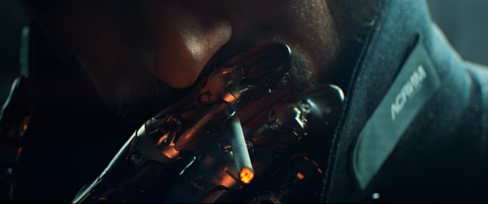 Adam Jensen from Deus Ex: Mankind Divided holding a cigarette