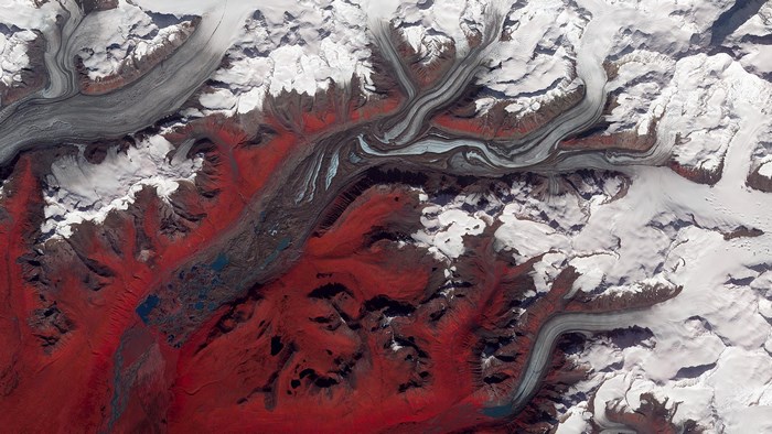 Satellite image of a glacier in a mountainous region