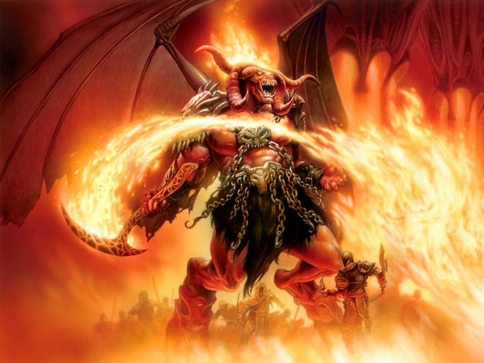 Demon breathing fire with wings and chains