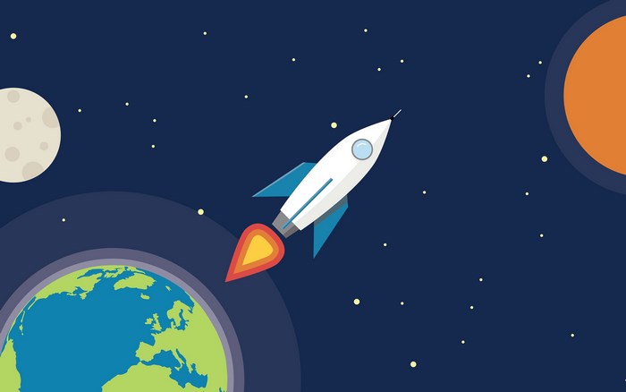 Rocket launching from Earth into space