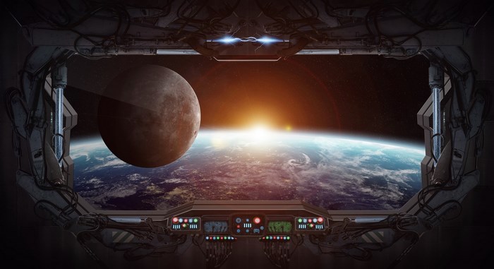 Spaceship cockpit view of Earth and a moon