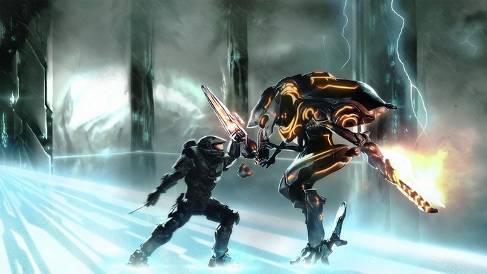 Master Chief fighting a Covenant Elite with energy swords