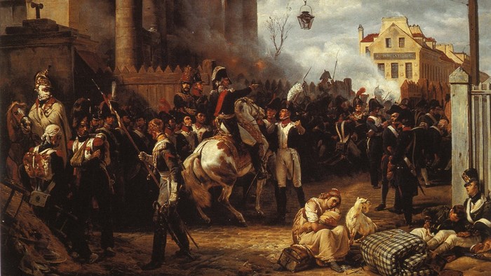 Soldiers in a street scene with a building and civilians