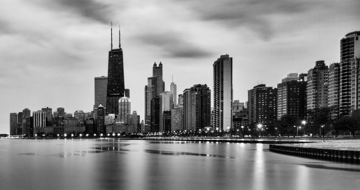 Black and White Chicago Skyline at Dusk