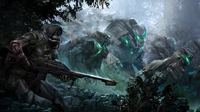 Soldier with sniper rifle facing alien creatures