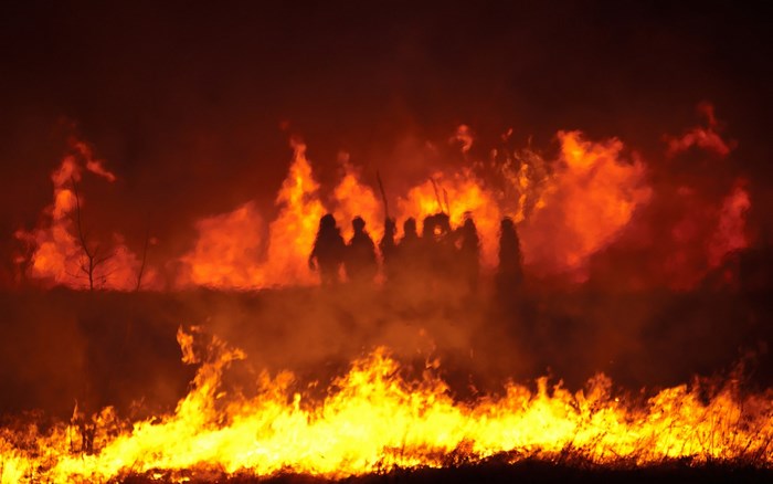 People silhouetted against a large wildfire