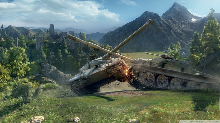 World of Tanks: Two tanks collide in a mountainous landscape