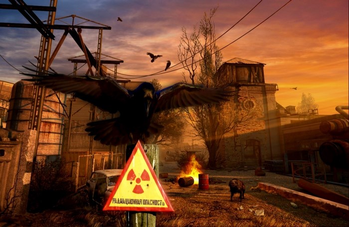 Stalker game scene with crow and radiation sign