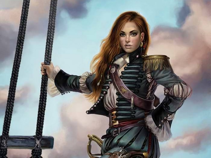 Pirate woman in military-style jacket on a ship