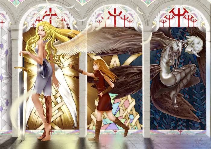 Claymore characters in stained glass church