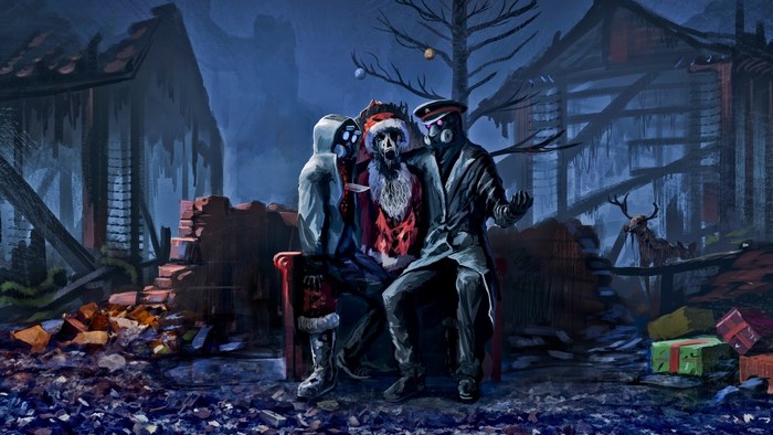 Apocalyptic Christmas scene with figures in gas masks