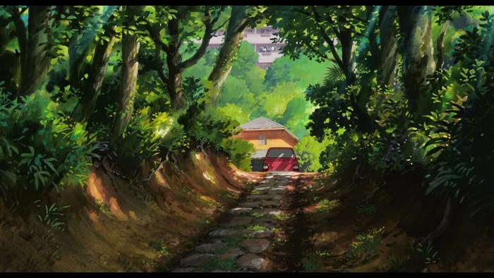The Secret World of Arrietty forest path with house and car